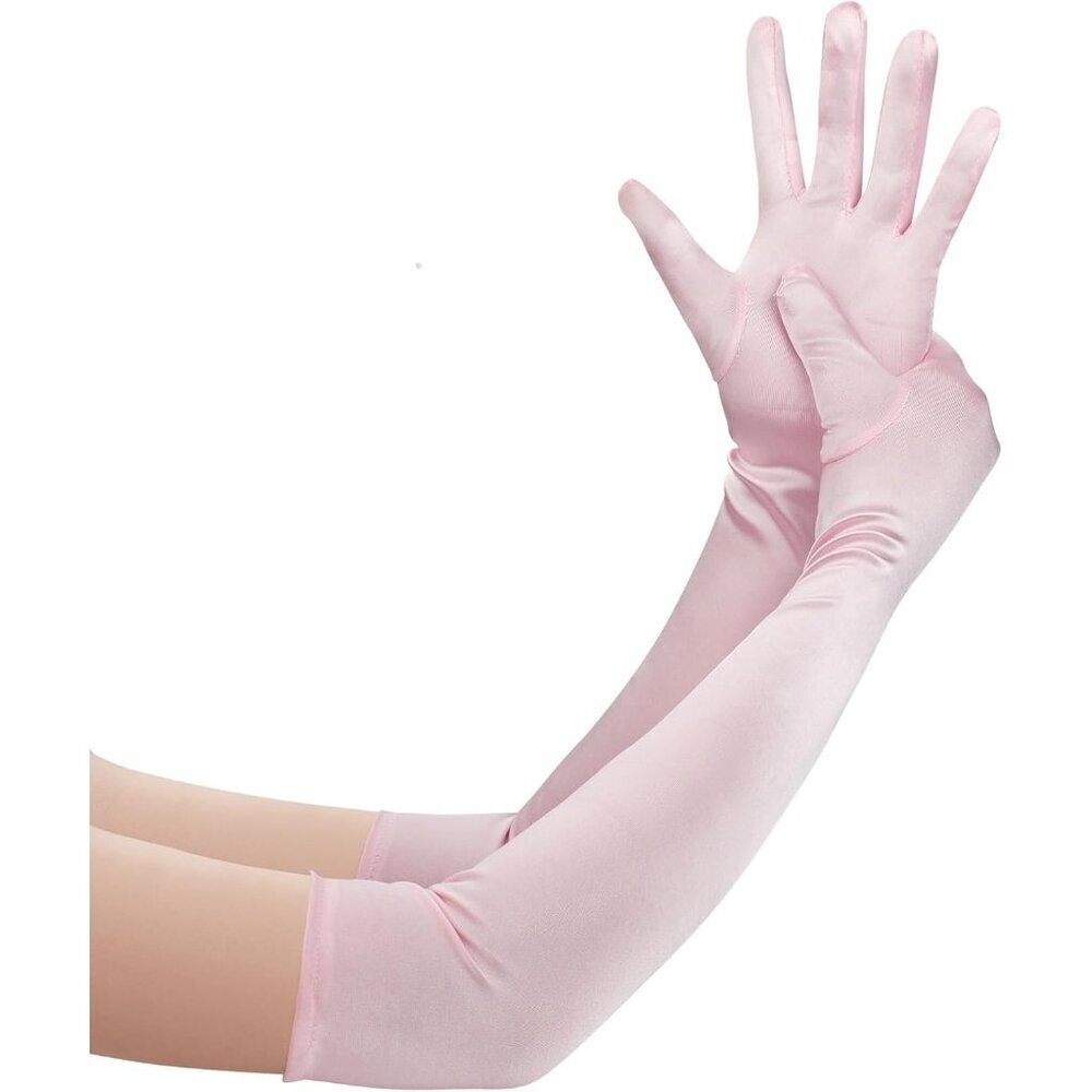 Women's Pink Long Satin Opera Fabric Gloves Party Tea Stretchy Elbow Length